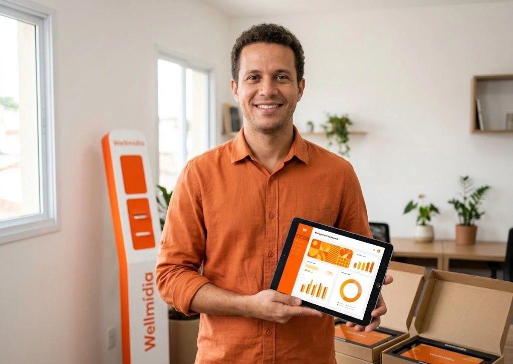 Licenciado Wellmídia em seu escritório segurando um tablet com o painel de gestão, com totem e caixas do kit ao fundo