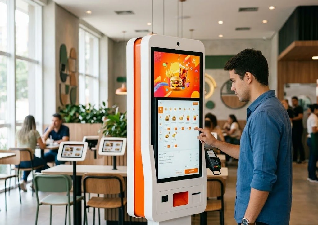 Totem de autoatendimento e tablet de pedido em mesa em um restaurante, com anúncios na parte superior da tela
