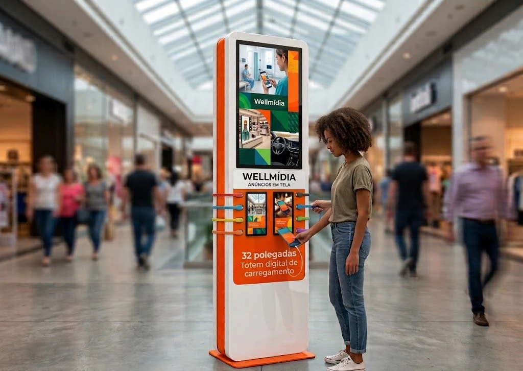 Totem de carregamento de celular com tela de 32 polegadas exibindo anúncio em praça de alimentação