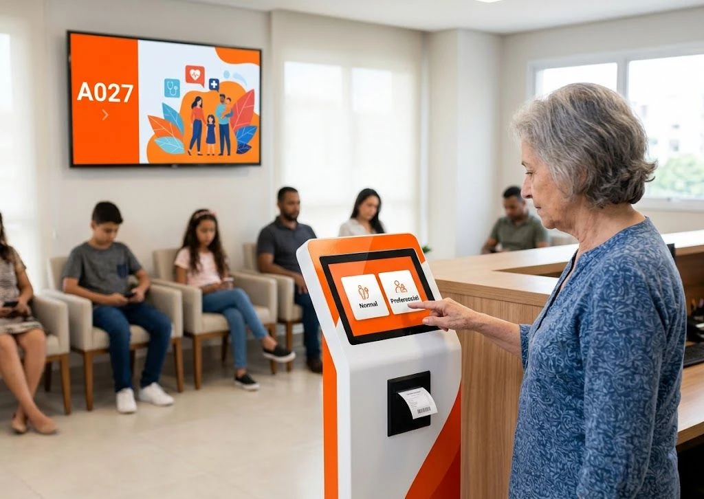 Totem de senha Wellmídia na recepção de uma clínica, com painel de chamada e anúncios na TV