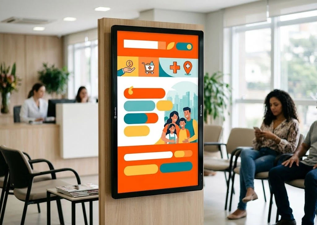 TV indoor com player Wellmídia exibindo anúncios na parede de um comércio