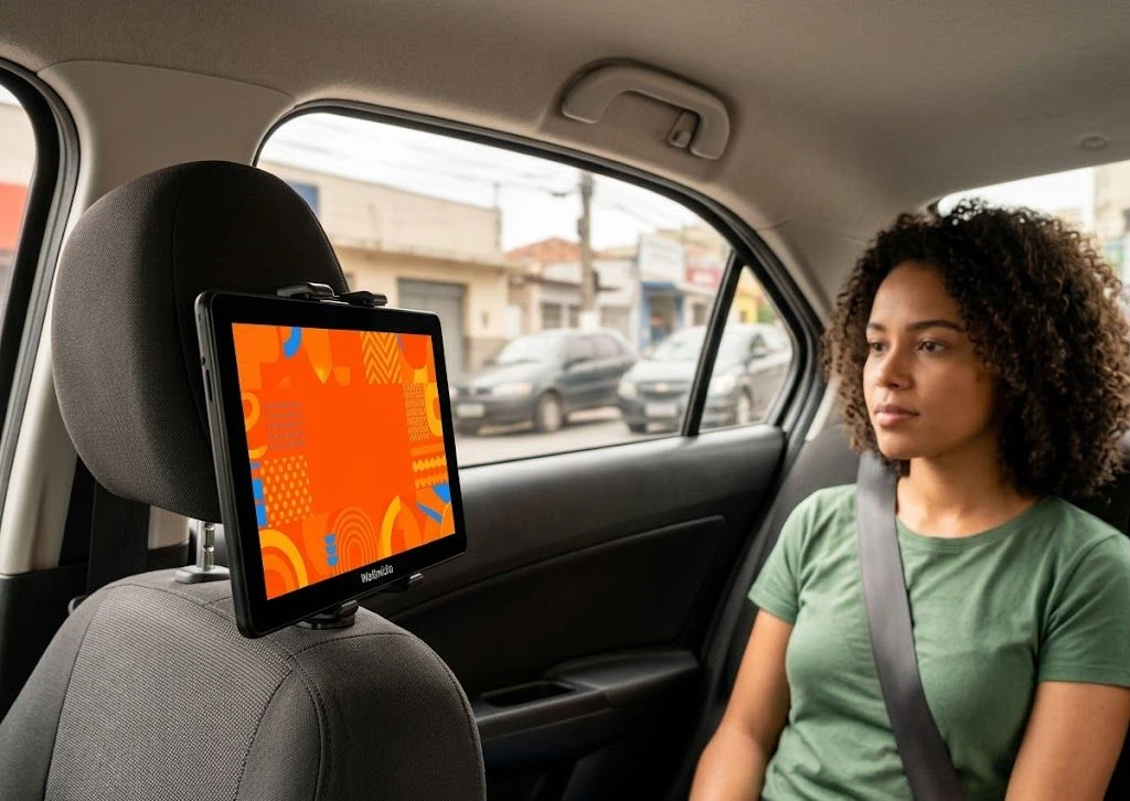 Tela Wellmídia instalada no encosto do banco de um carro de aplicativo, com passageira ao lado